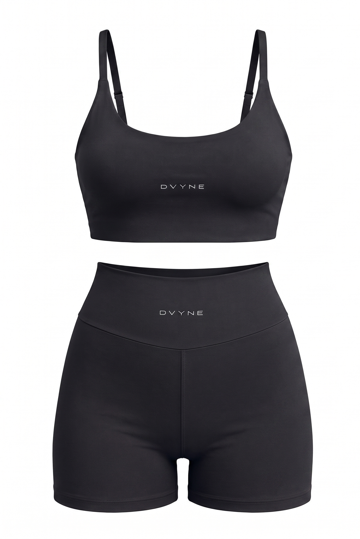 Conjunto fitness DVYNE de top de alça fina e short de cintura alta na cor preto, visto de frente