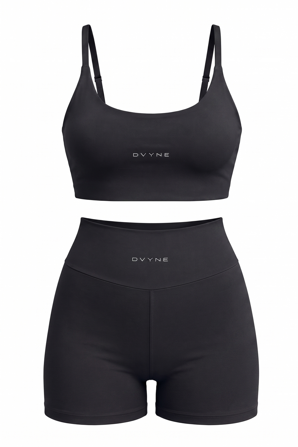 Conjunto fitness DVYNE de top de alça fina e short de cintura alta na cor preto, visto de frente