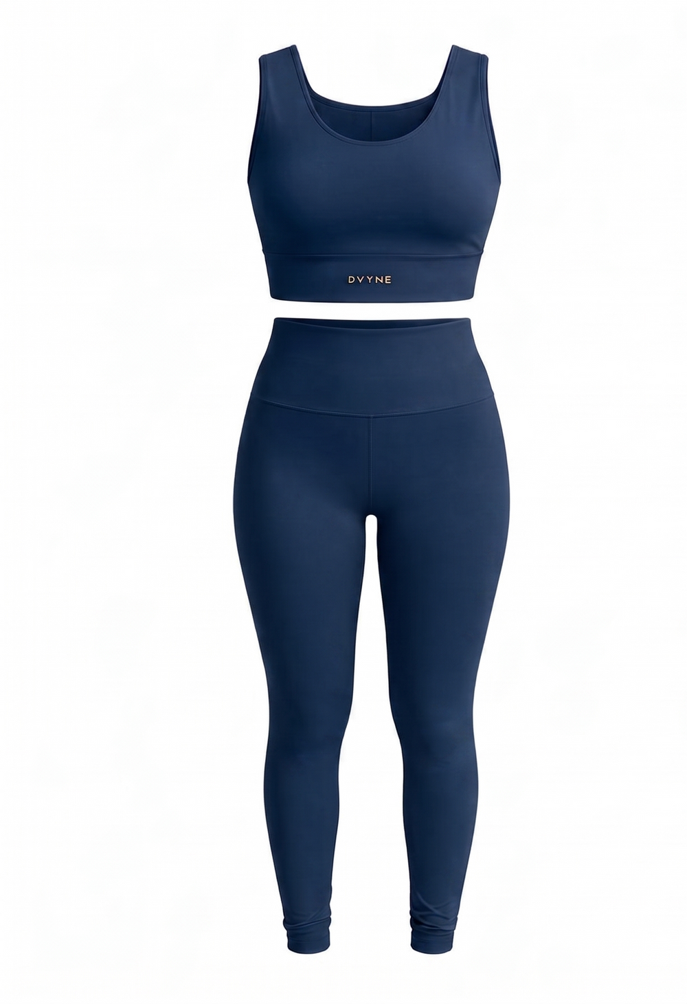 Conjunto fitness DVYNE de top e calça legging de cintura alta na cor azul-marinho, visto de frente