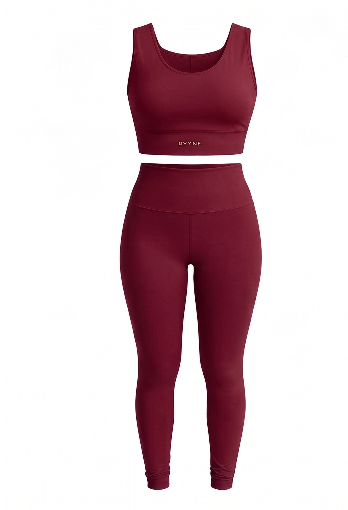 Conjunto fitness DVYNE de top e calça legging de cintura alta na cor cereja, visto de frente