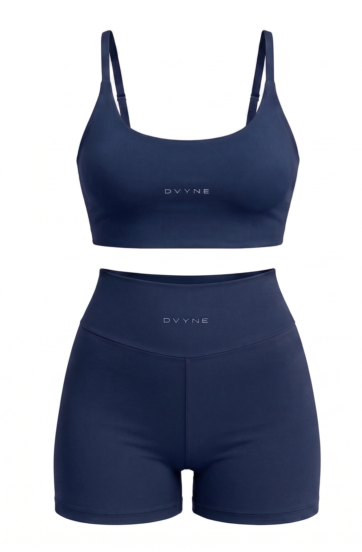 Conjunto fitness DVYNE de top de alça fina e short de cintura alta na cor azul-marinho, visto de frente