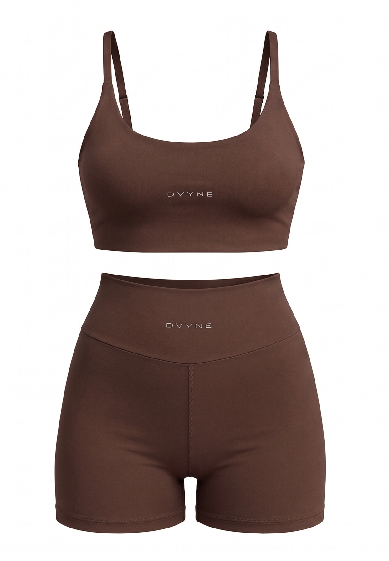 Conjunto fitness DVYNE de top de alça fina e short de cintura alta na cor marrom, visto de frente