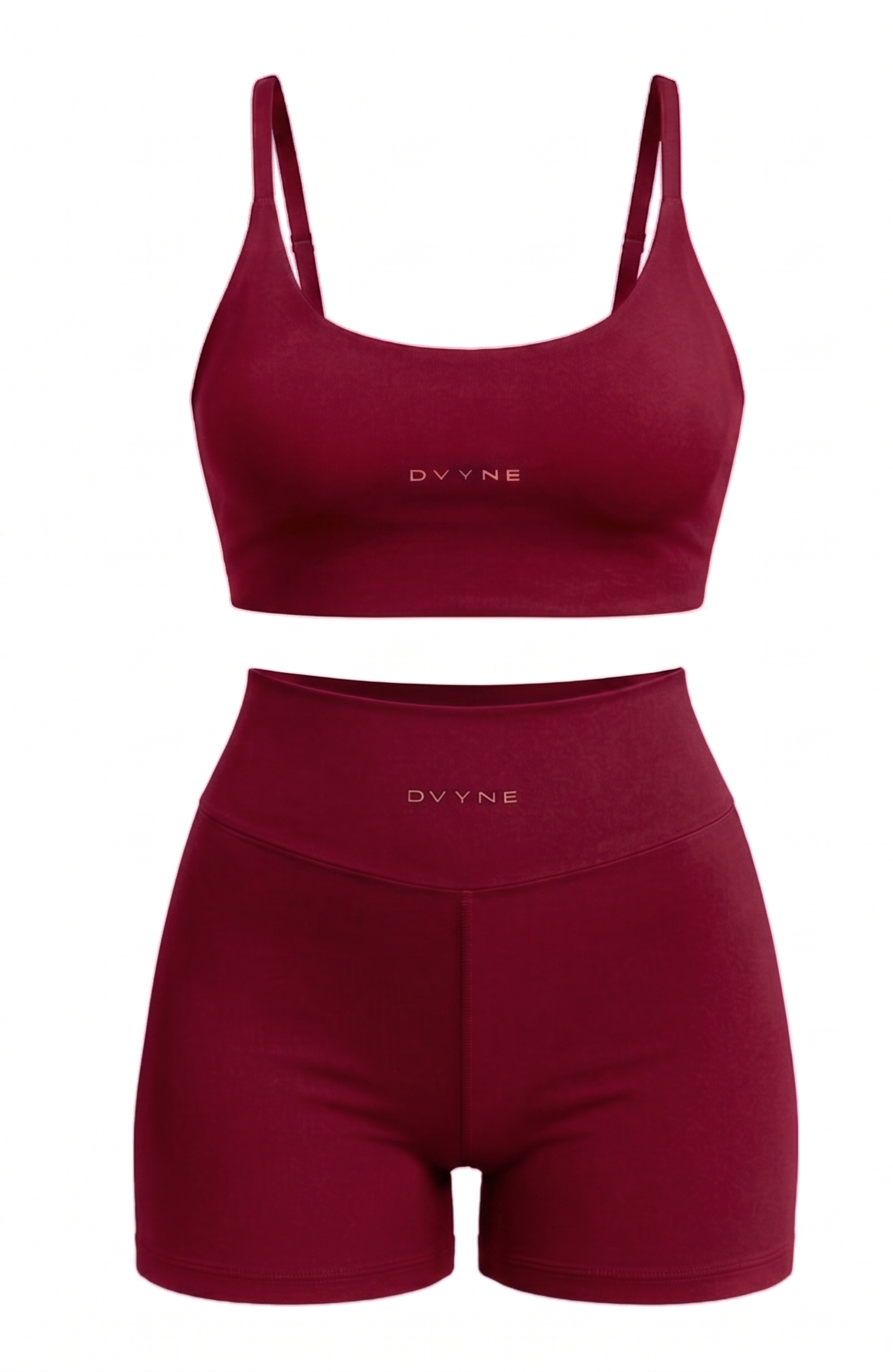 Conjunto fitness DVYNE de top de alça fina e short de cintura alta na cor cereja, visto de frente