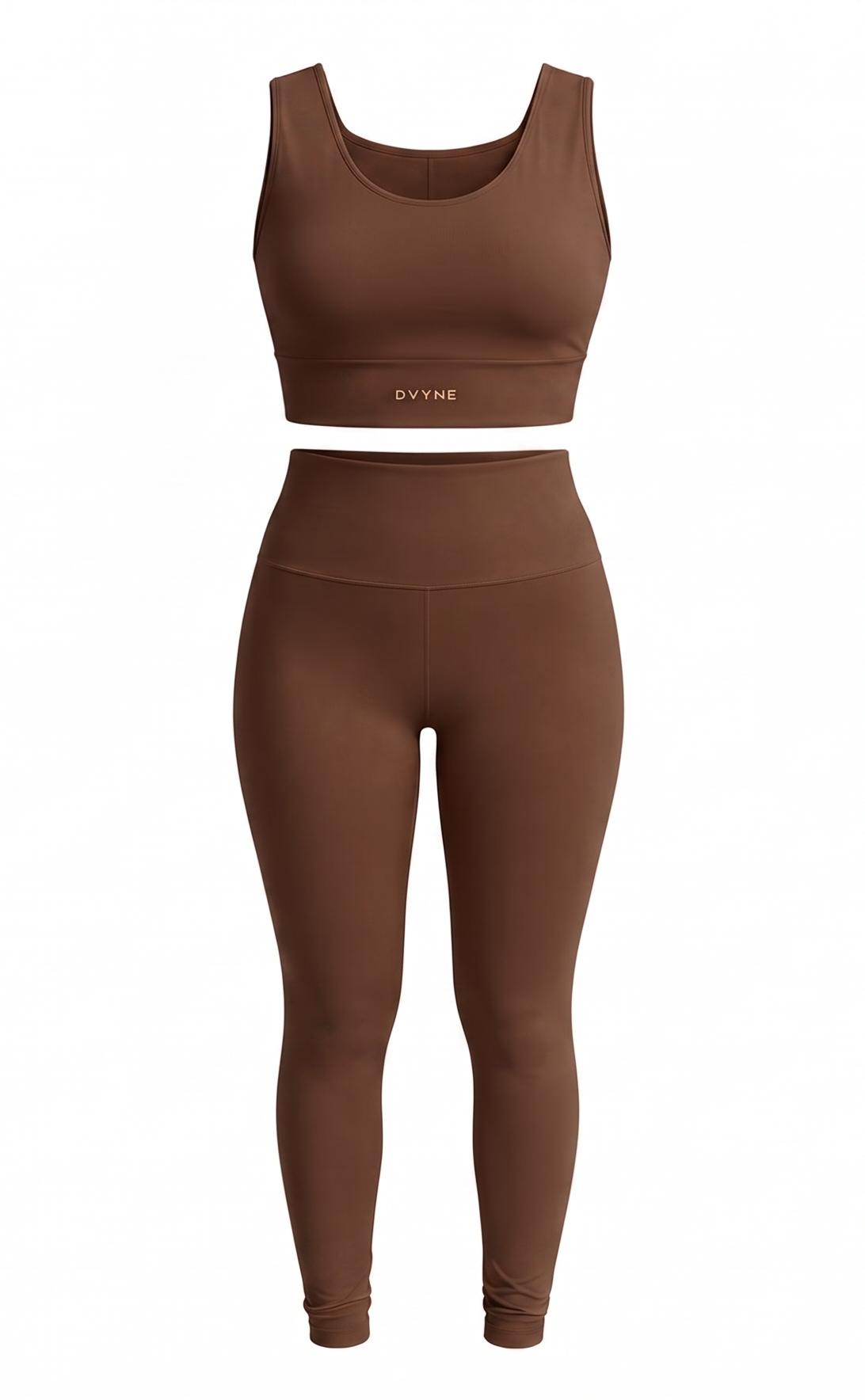 Conjunto fitness DVYNE de top e calça legging de cintura alta na cor marrom, visto de frente