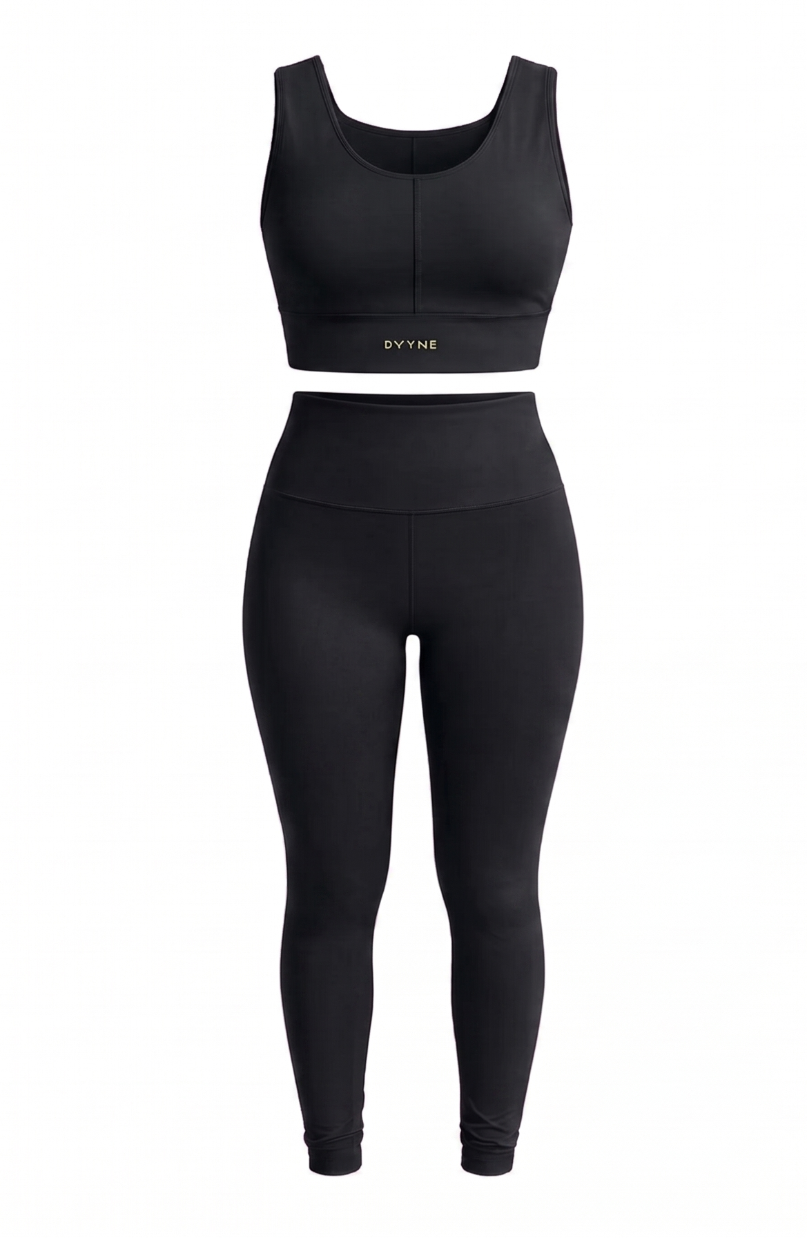 Conjunto fitness DVYNE de top e calça legging de cintura alta na cor preto, visto de frente