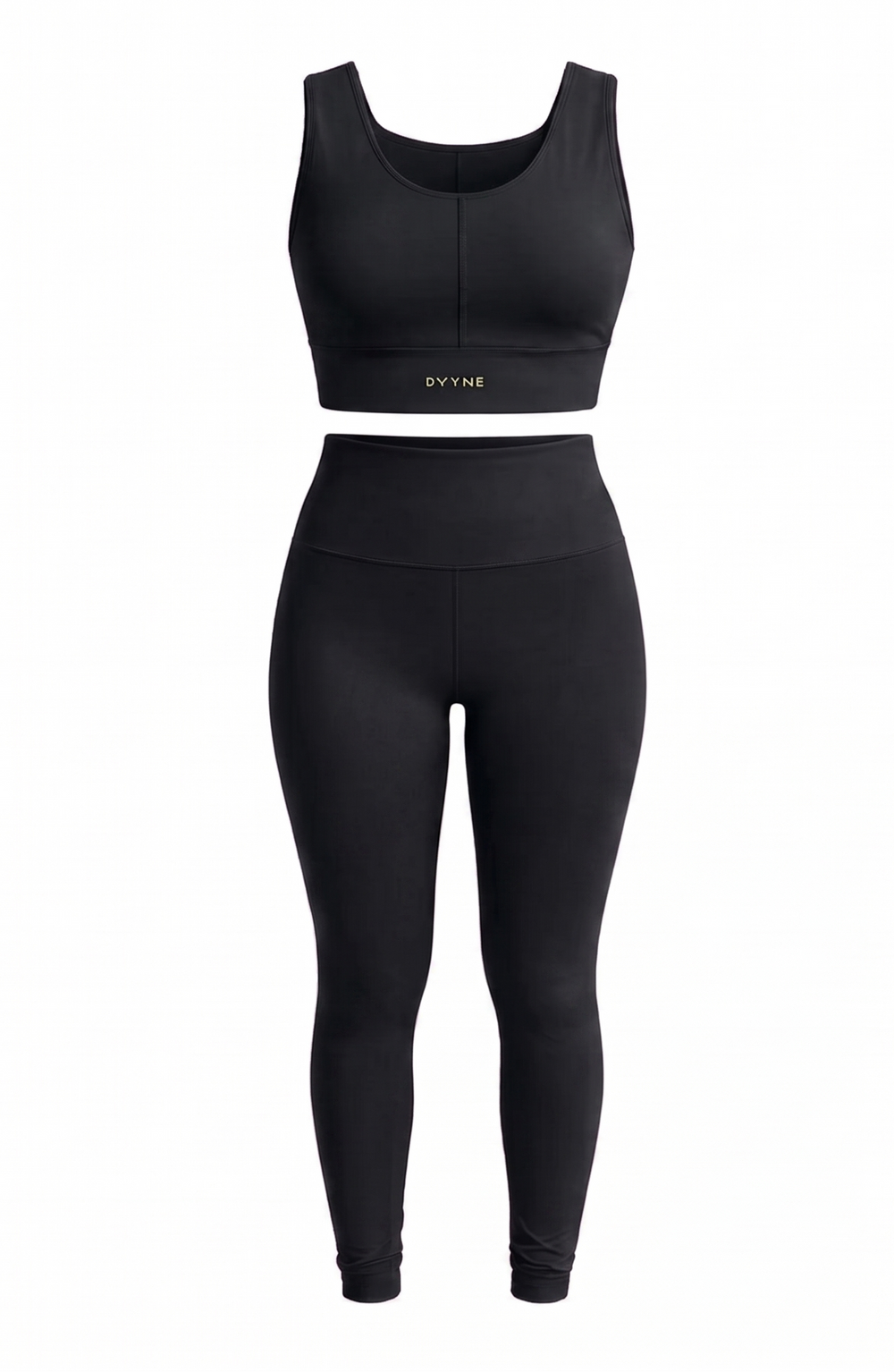 Conjunto fitness DVYNE de top e calça legging de cintura alta na cor preto, visto de frente